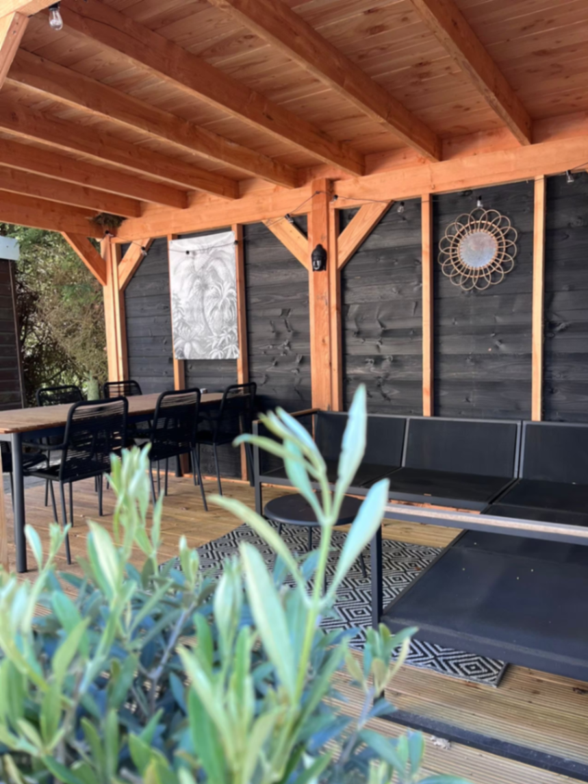 Overkapping met loungeset en eethoek bij Boslodge 't Wims